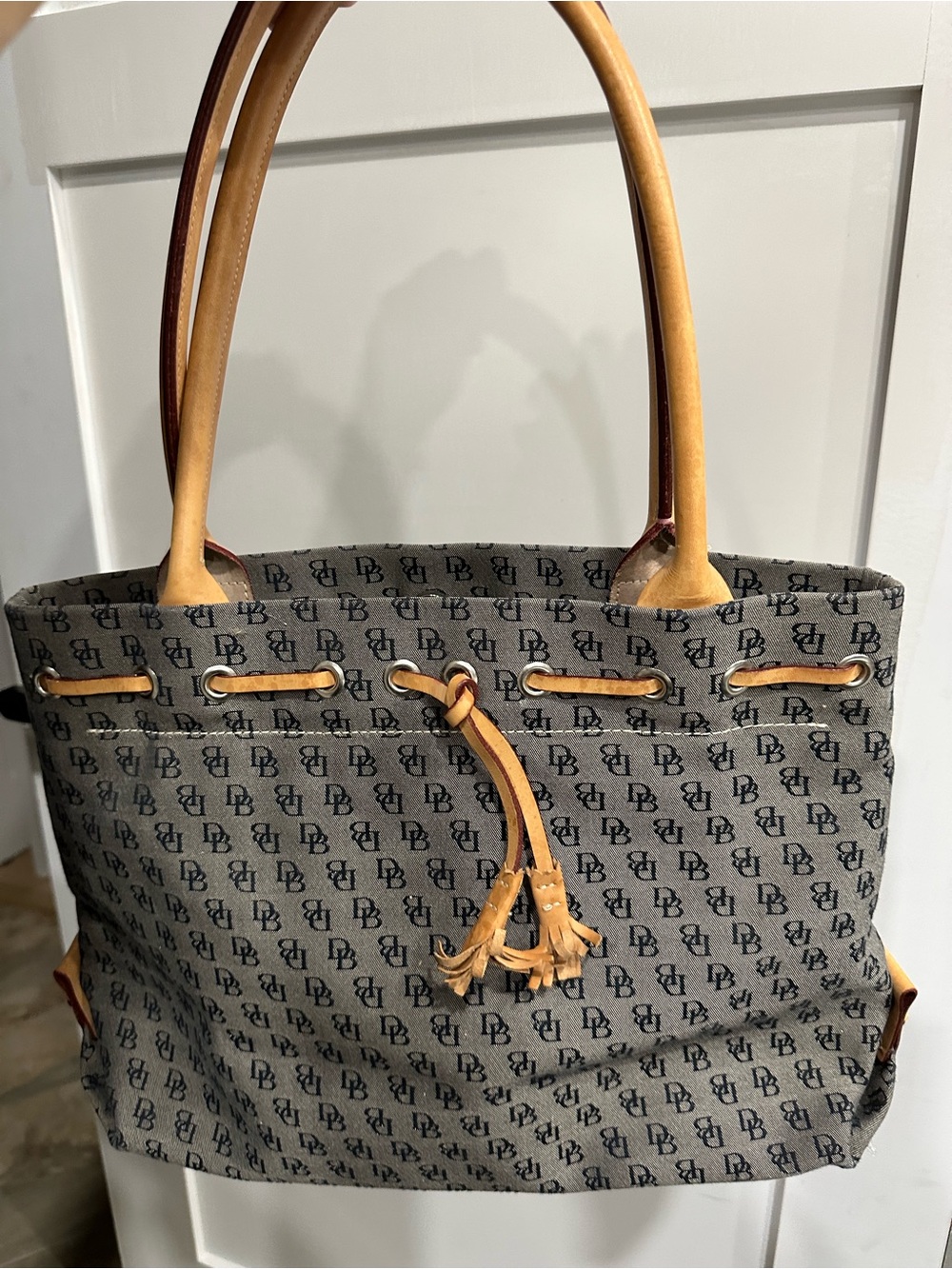 Dooney & Bourke Gray Logo Canvas Tote with Tan Leather Trim